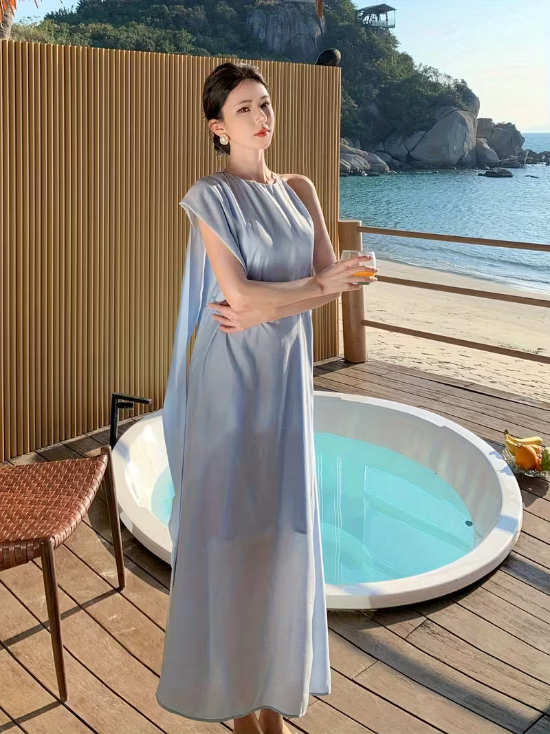 Women's Light Blue Maxi Dress - Elegant Backless Off-shoulder beach party wedding guest gown, Flowy Loose Fit Formal & casual event Dresses for Spring/Summer/Fall, Beach Wedding Guest Dress, Evening Wear Craftsmanship