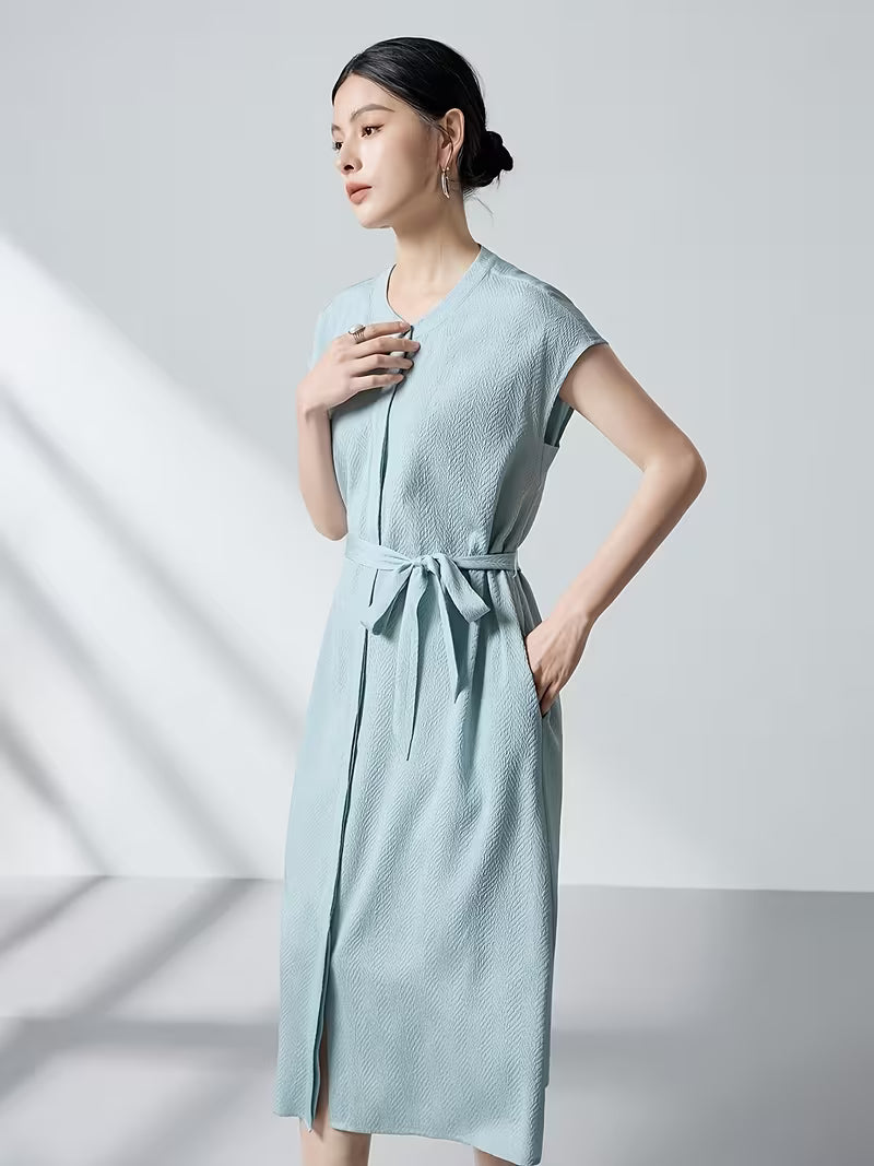 Ink Painting Beauty 2026 Summer New 6A Grade Mulberry Guanle Crepe Dress Women'S Belt Waist-Cinching Split Loose Black Mid-Length Skirt Women'S Dress