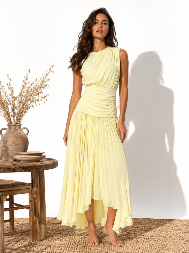 1pc Women Sleeveless Stand Collar Ruched Waist Maxi Dress, Pleated Irregular Hem Split Long Dress for Daily Vacation Office Use