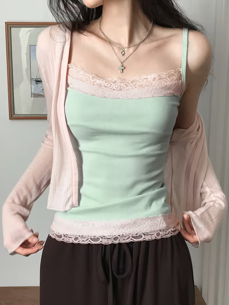 Color-Block Lace Patchwork Cami Top Women'S French Pure Desire Thin Strap Tank Top