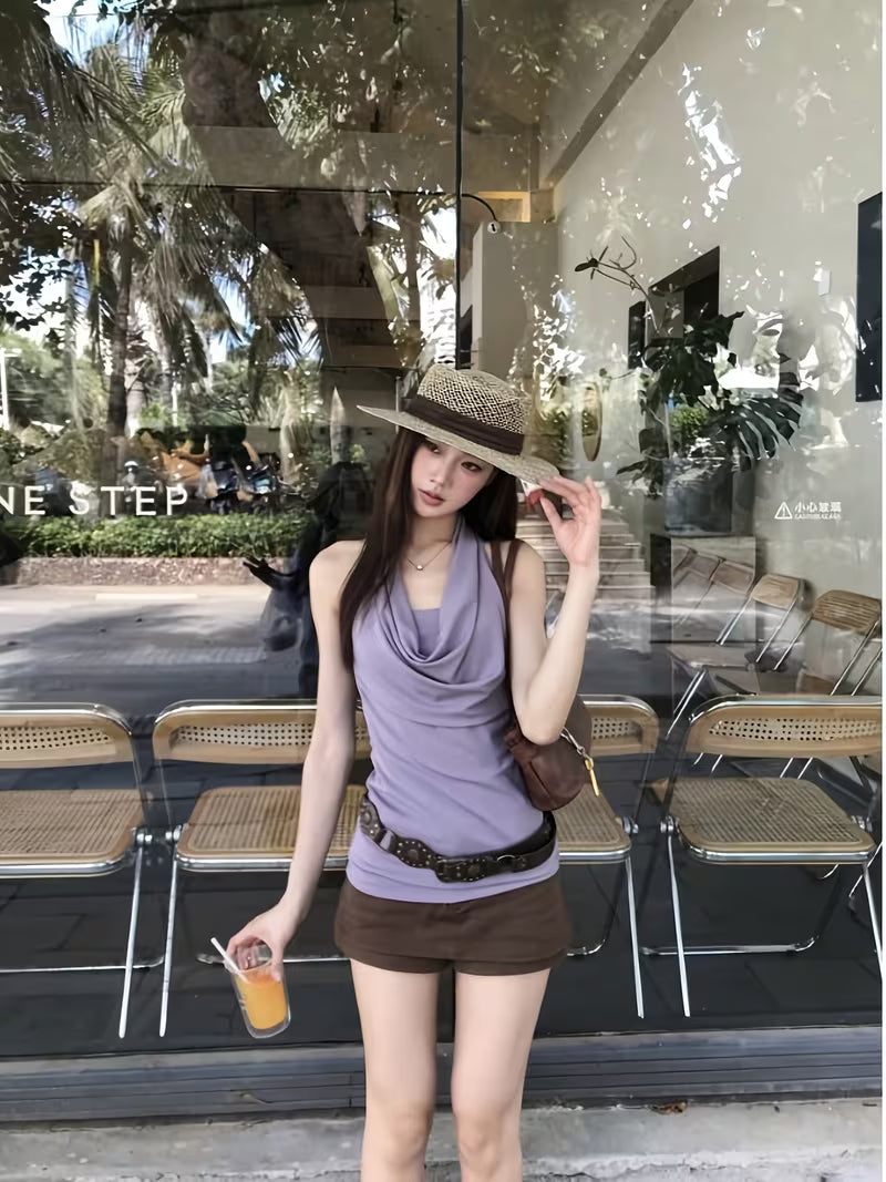 25P Vacation Style Cowl Neck Tank Top, Women'S Sleeveless Ruched Slim Fit Solid Color Top, Elegant Casual Summer Camisole