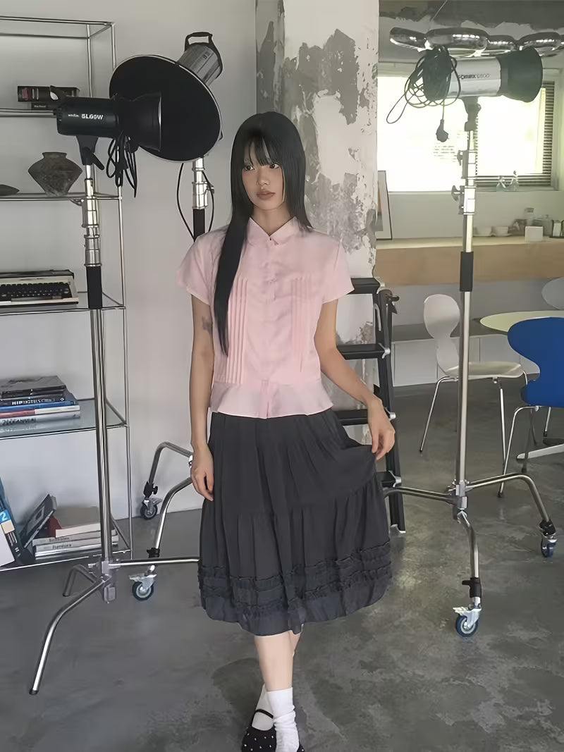 2026 Summer New Pink Doll Collar Short Sleeve Shirt Women'S Ruched Waist All-Match Commute Temperament Blouse