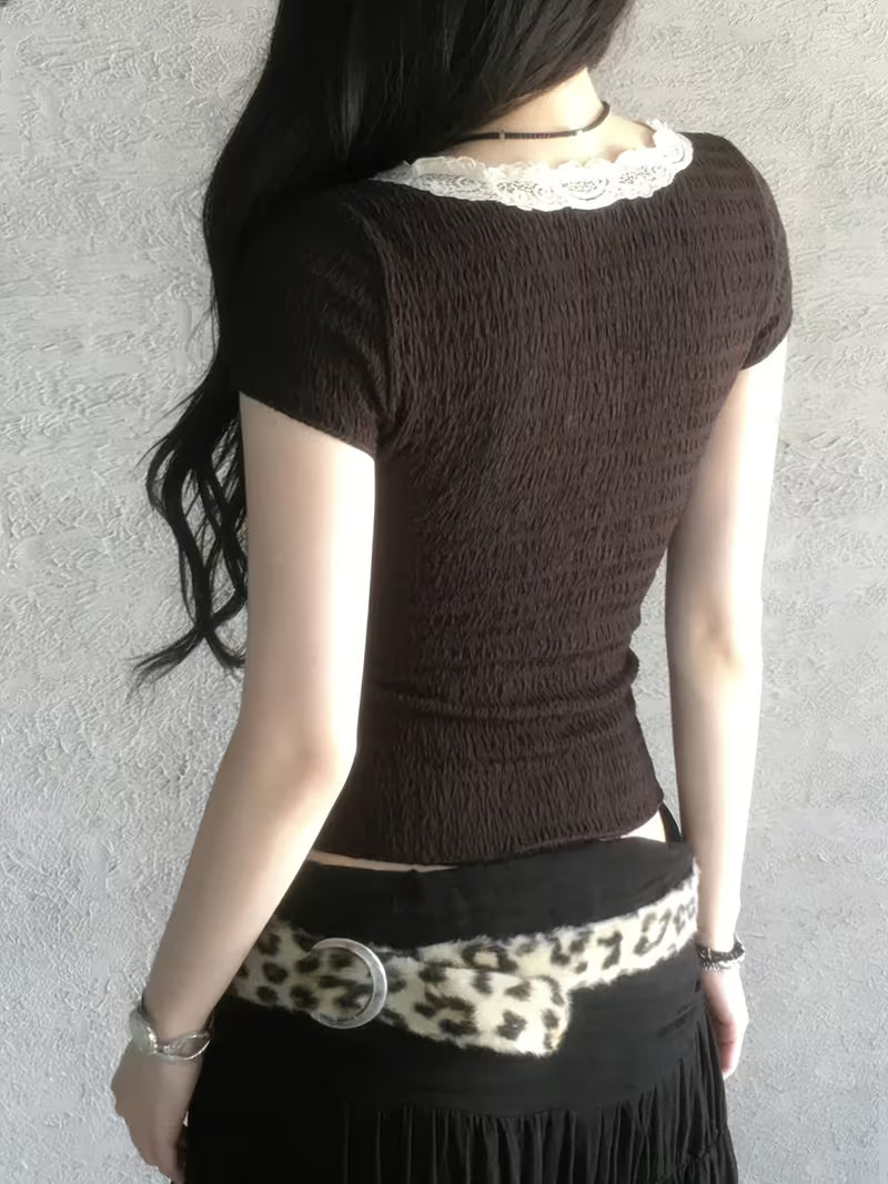 Sassygals American Retro Brown Lace Trim Beaded Strappy Women'S T-Shirt V-Neck Hot Short Sleeve Versatile Temperament Summer New Daily Wear Women'S Inner Top