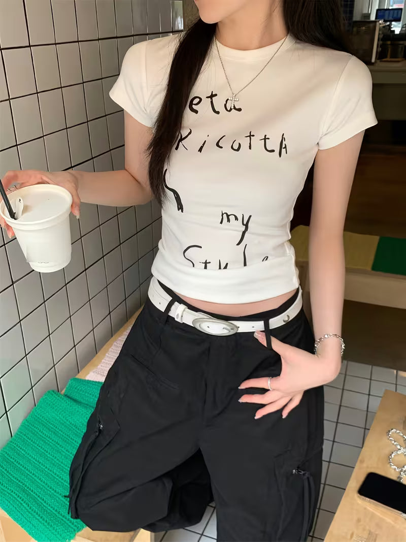 Asian Size 6170-2 Letter Print Slim Fit Short Sleeve T-Shirt for Women