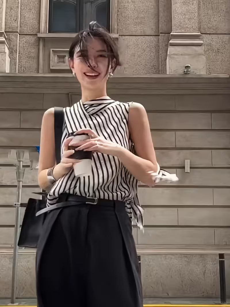Women's New Summer Striped Halter Tie-Neck Top, Sleeveless, Korean-Style Sweet and Youthful Design
