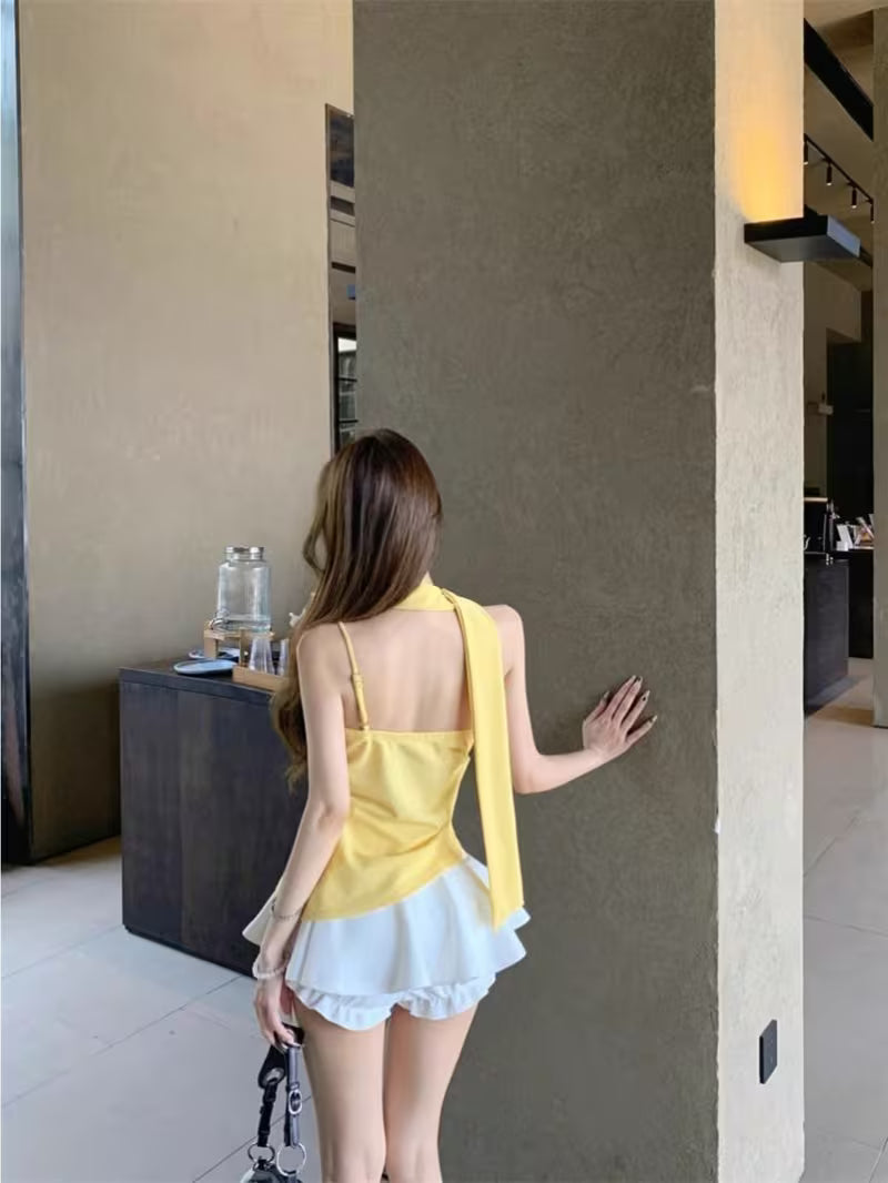 Yellow Ribbon Flowing Collar Women's Summer Short-sleeved Backless Top with Straps