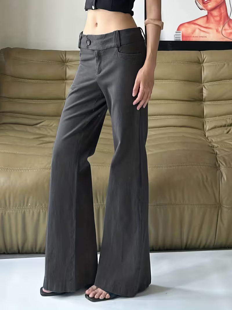 European and American Style Dark Gray Low-Rise Loose Suit Pants for Women, All-Season Commuter Versatile Casual Long Pants