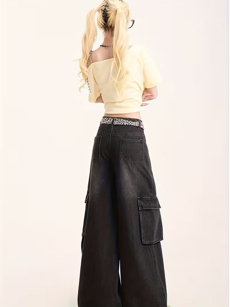 Casual Wide-Leg Jeans for Teenage Featuring a Leopard Print Belt, Perfect for Y2K Streetwear And Preppy Styles