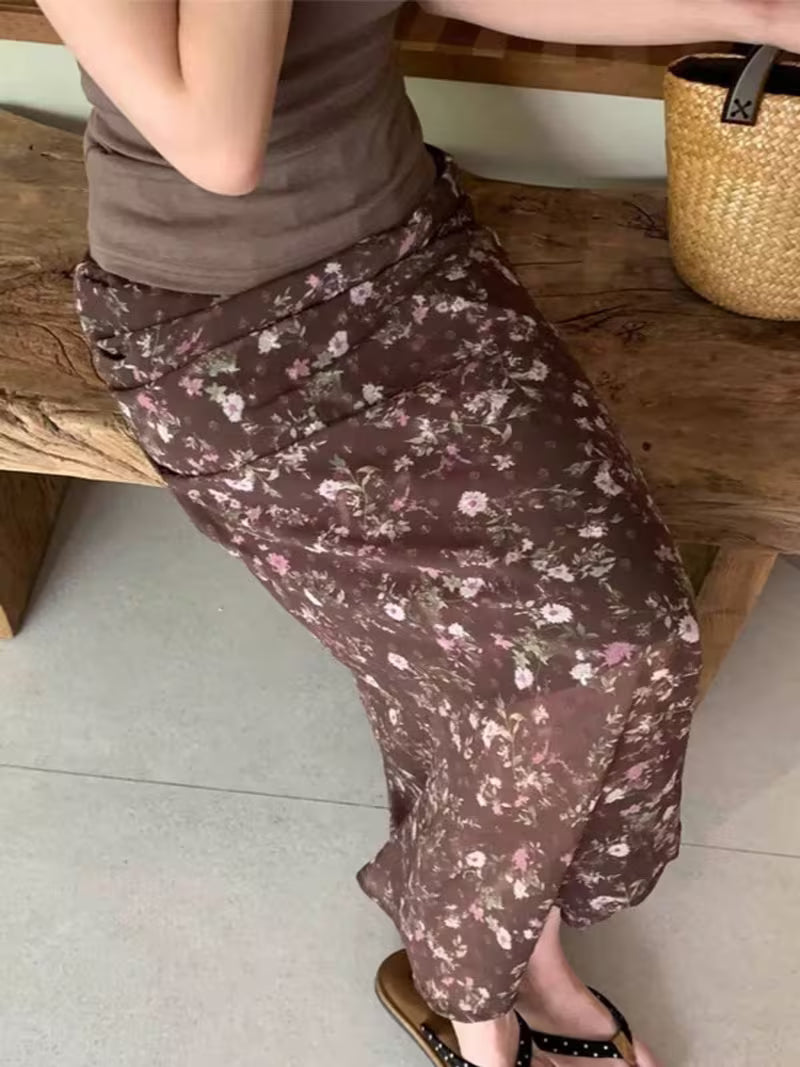 Floral Chiffon Long Skirt for Women Soft Elegant Versatile High Waisted Midi Maxi Skirt