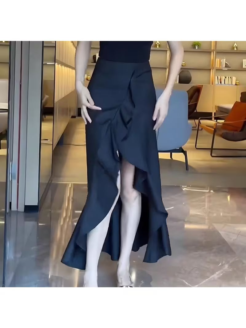 Sense of Designasymmetrical Slit High Waist Skirt Women's Summerslimming Lookeasiest for Matchelegant Long Skirt