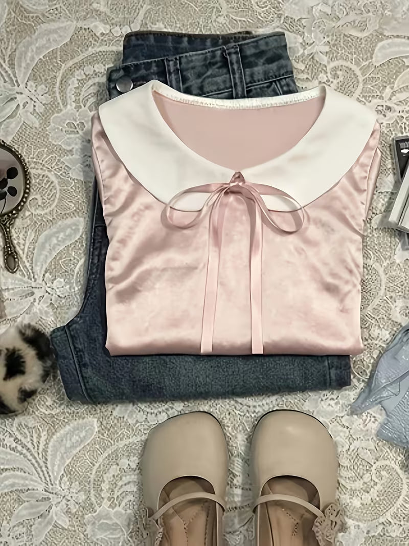 Ladies' Peter Pan Collar Short Sleeve Tie-Front T-Shirt | Solid Color, All-Season, Lace-Up Detail