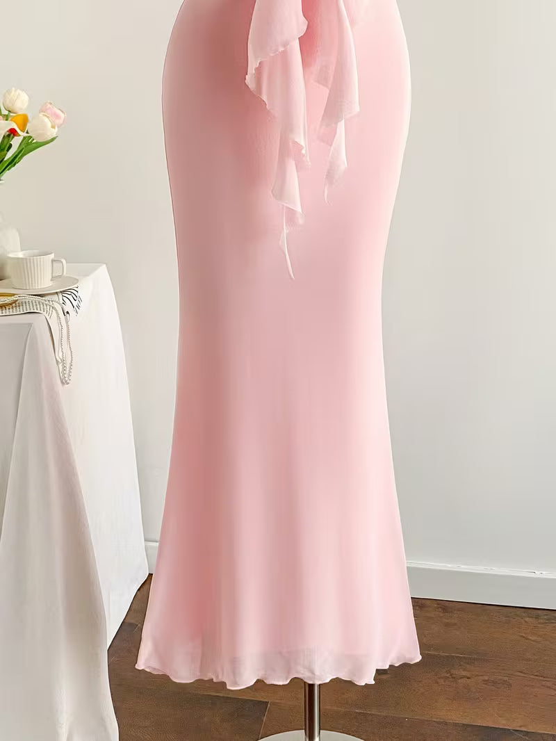 Halter Tie Decor Pink Bodycon Mermaid Maxi Dress for Women | Sweet Socialite Gala Gown, Perfect for Birthday Parties, Wedding Guests, and High-End Cocktails