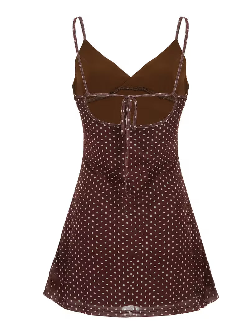 Rapcopter Polka Dot V-Neck Spaghetti Suspender Dress with Mesh A-Line Hem, Backless Tie-Up, Sexy Street Style Beach Vacation Elegant Dress for Women, Summer Korean Special Edition