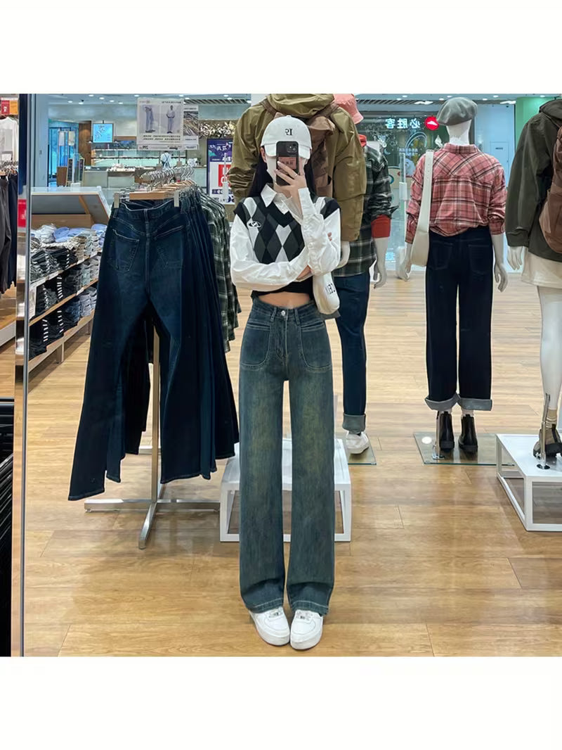 Stretch Retro Blue Jeans Women's Autumn/ Winter 2025 New High-Waist Slim Straight Pants Loose Wide Leg Pants
