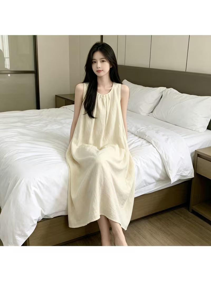 New Summer - Sleeveless Nightgown for Women, Round Neck Pleated Loose Fit Loungewear, Japanese-Style Relaxed Style Sleepwear Suitable for Outdoor Wear