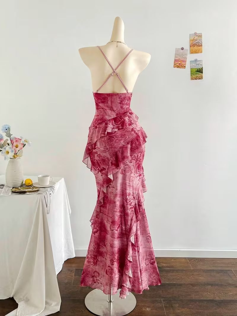 Spring/Summer Women's Thin-Strap Deep V Waist-Tied Ruffled Mermaid Dress | Elegant Temperament Design, Stylish Eye-Catching Style, Suitable for Casual Gatherings, Light Social Occasions and More