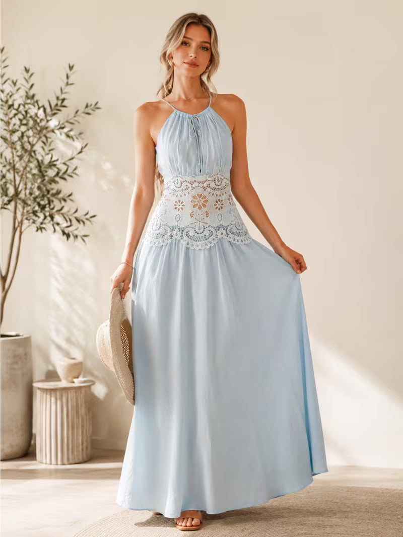 1pc Women'S Halter Neck Tie-Waist Long Dress, Vacation Essential, Weekend Casual, Daily Wear