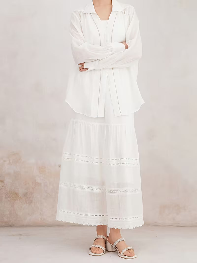 Ramie Layered Maxi Skirt Featuring Lace Trim, Bohemian Vintage Elegant Flowing Women'S Summer Skirt, Lightweight And Breathable Style Skirt