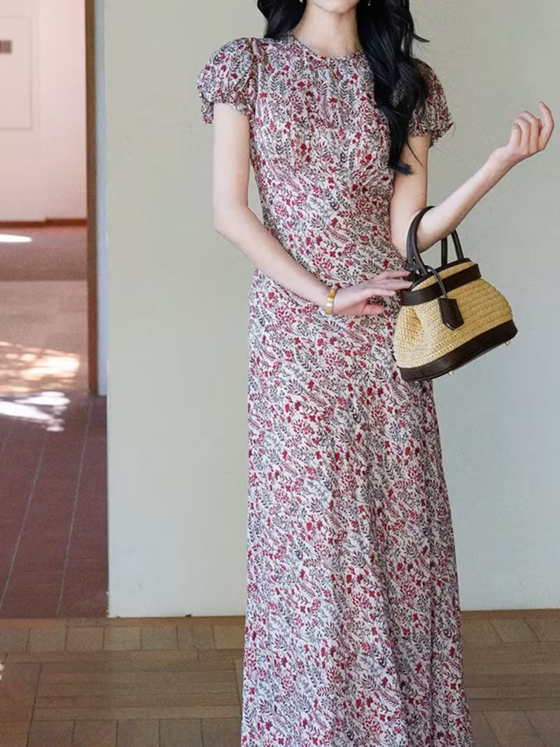 Women's French Slim Fit Floral Maxi Dress, Tencel Linen, Puff Sleeve Waist-Defined Long Dress for Petite Summer Wear