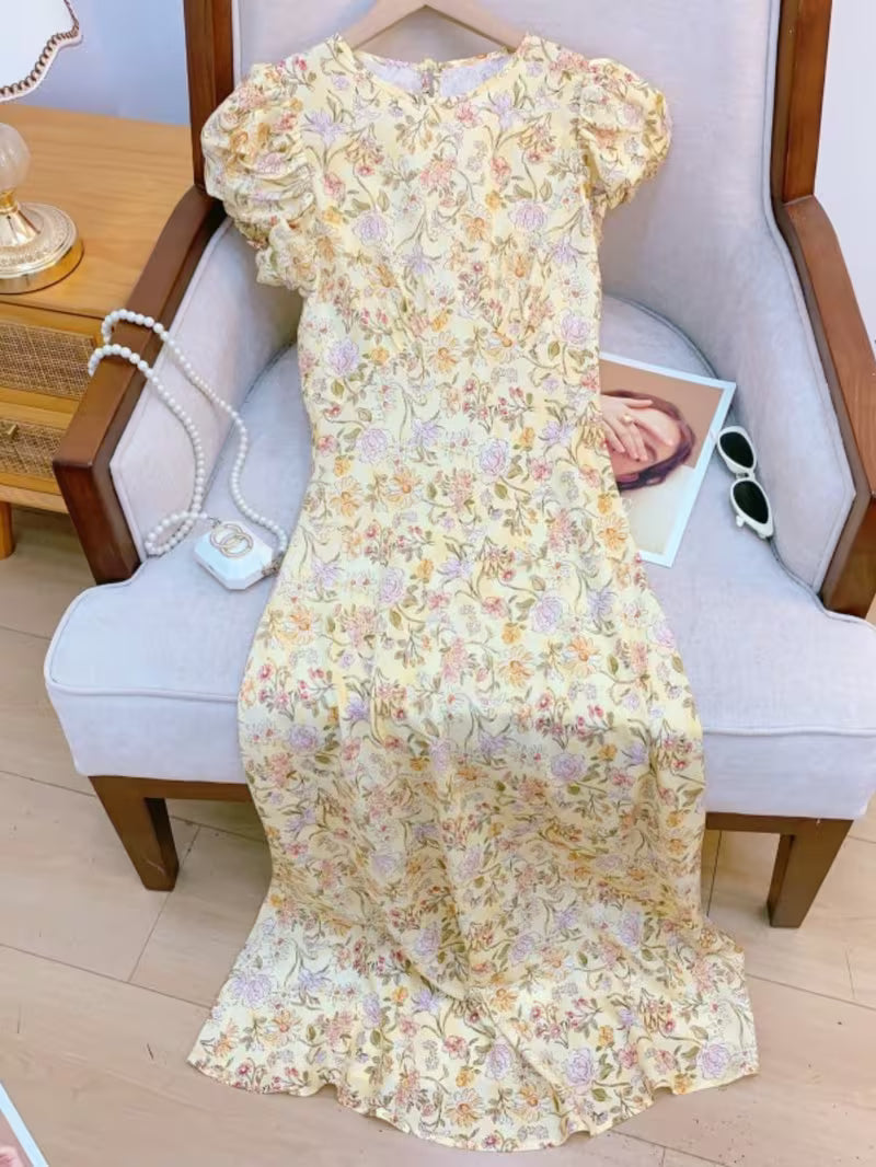 Women's French Slim Fit Floral Maxi Dress, Tencel Linen, Puff Sleeve Waist-Defined Long Dress for Petite Summer Wear