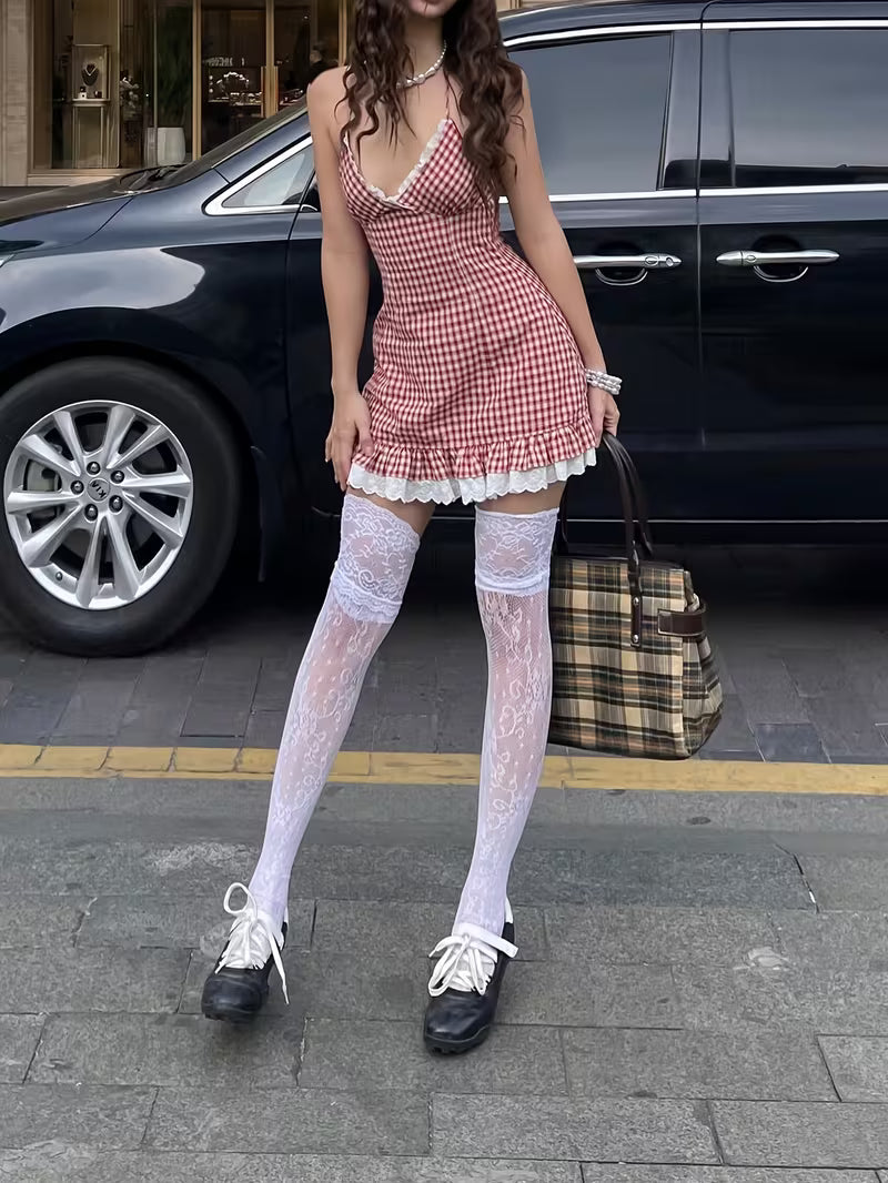 Y2K Red Gingham Spaghetti Strap Dress, Lace Trim V-Neck Slim Fit Sexy Mini Dress