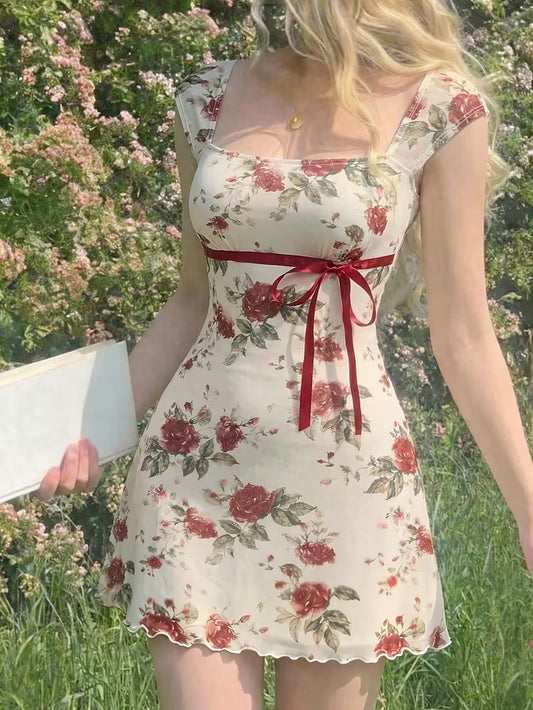 White Background Rose Print Square Neck Dress, Summer Pure Desire Style Red Bow Waist-Cinching Short Hip-Hugging Dress, Sweet Style Rose Print Dress, Summer Date Red Ribbon Bow Waist-Cinching Mesh Mini Skirt