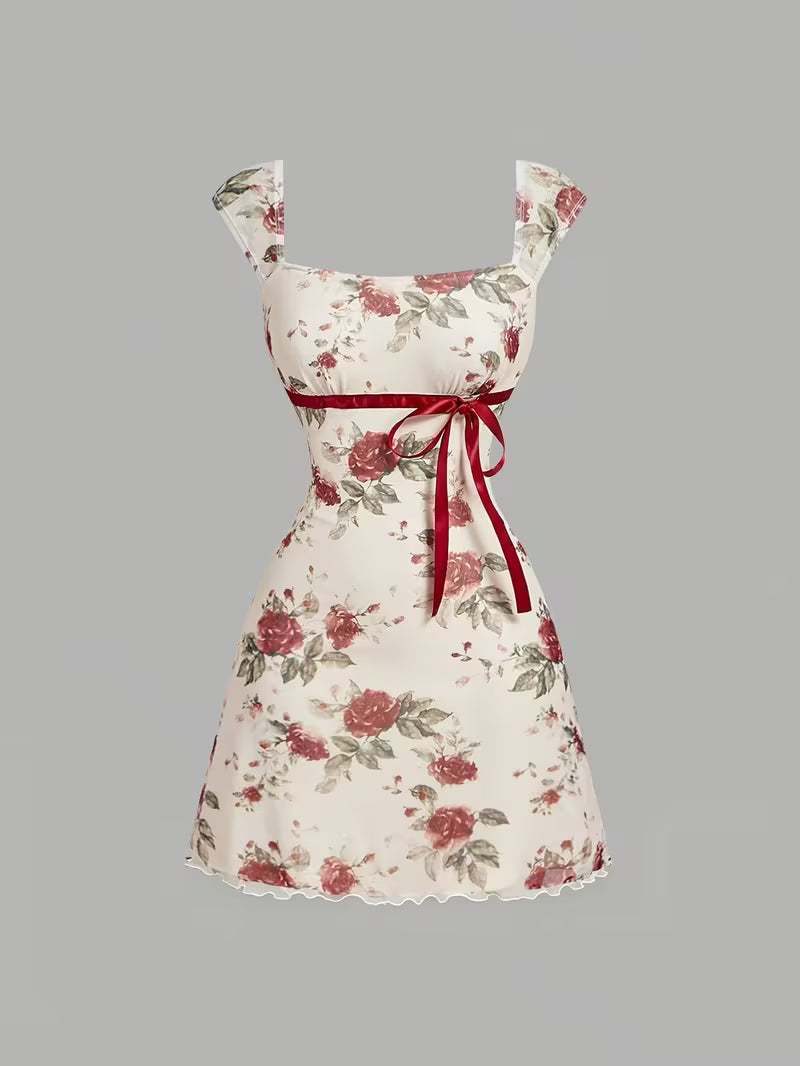 White Background Rose Print Square Neck Dress, Summer Pure Desire Style Red Bow Waist-Cinching Short Hip-Hugging Dress, Sweet Style Rose Print Dress, Summer Date Red Ribbon Bow Waist-Cinching Mesh Mini Skirt