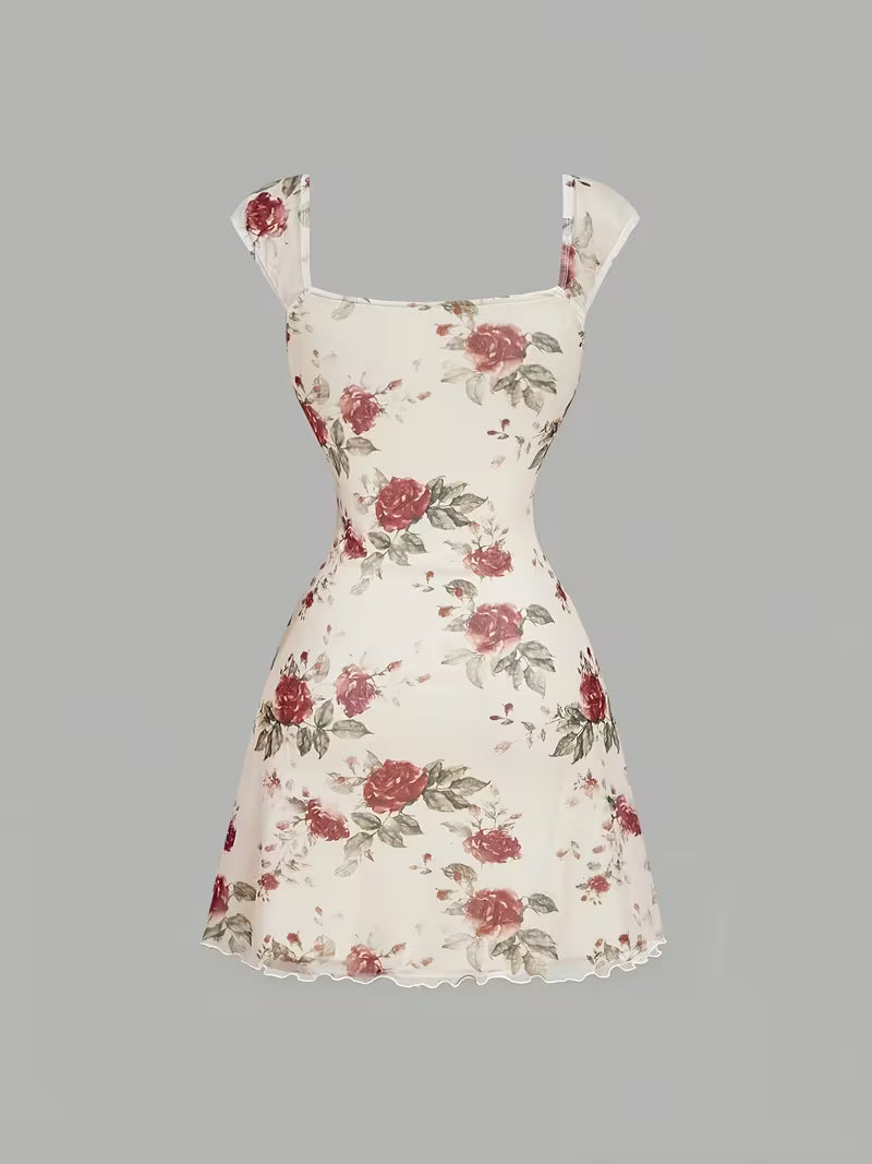 White Background Rose Print Square Neck Dress, Summer Pure Desire Style Red Bow Waist-Cinching Short Hip-Hugging Dress, Sweet Style Rose Print Dress, Summer Date Red Ribbon Bow Waist-Cinching Mesh Mini Skirt