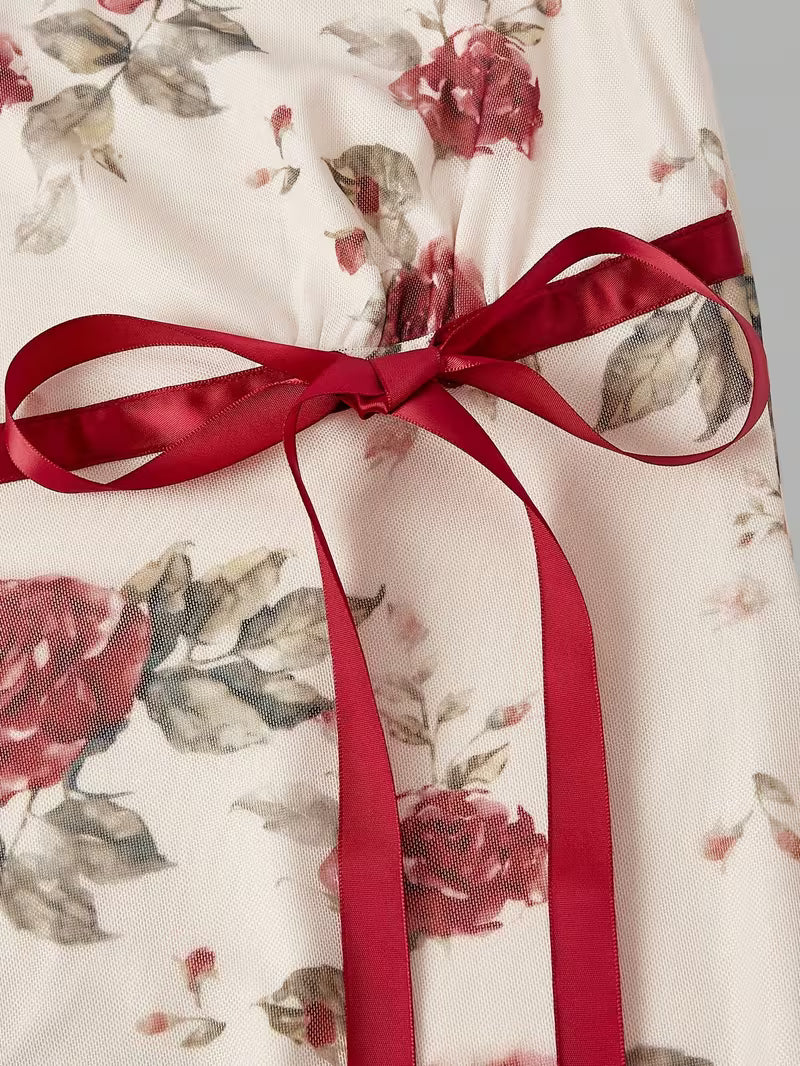White Background Rose Print Square Neck Dress, Summer Pure Desire Style Red Bow Waist-Cinching Short Hip-Hugging Dress, Sweet Style Rose Print Dress, Summer Date Red Ribbon Bow Waist-Cinching Mesh Mini Skirt