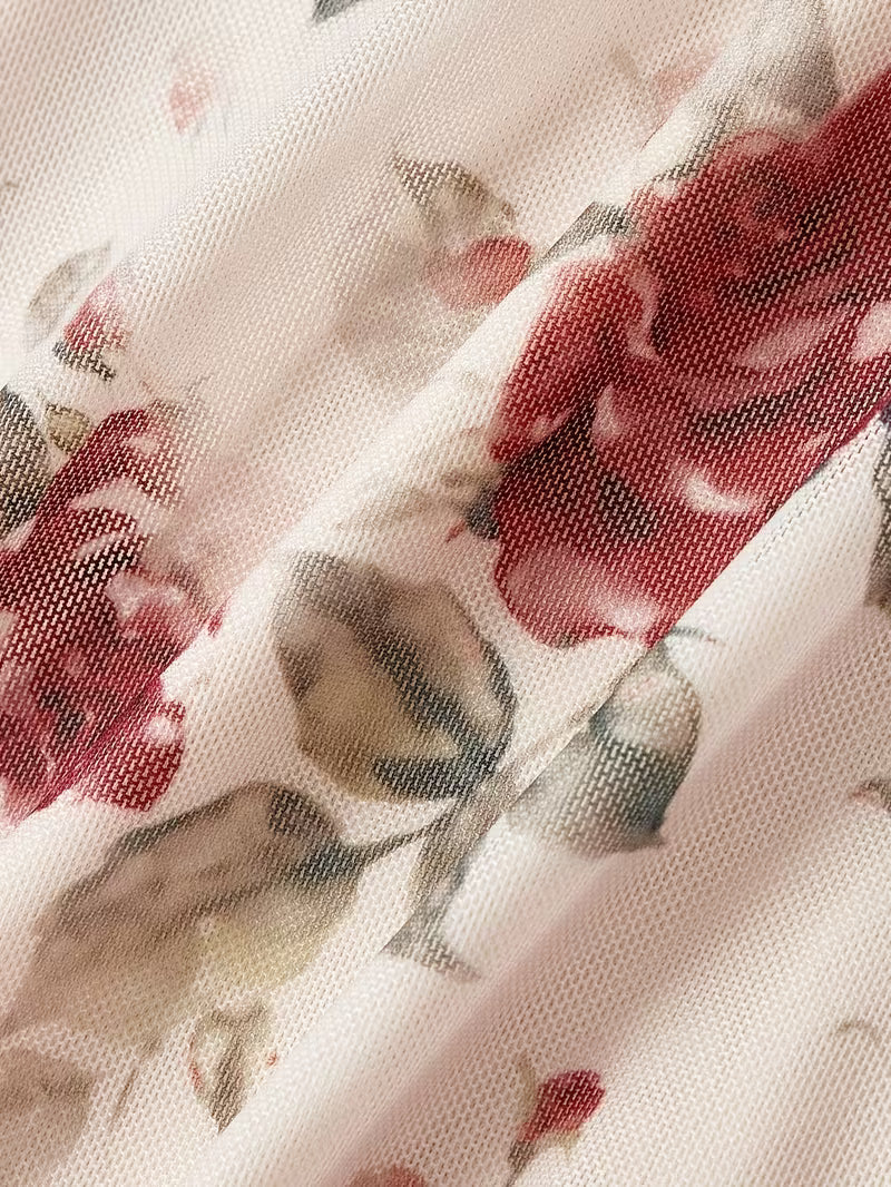 White Background Rose Print Square Neck Dress, Summer Pure Desire Style Red Bow Waist-Cinching Short Hip-Hugging Dress, Sweet Style Rose Print Dress, Summer Date Red Ribbon Bow Waist-Cinching Mesh Mini Skirt