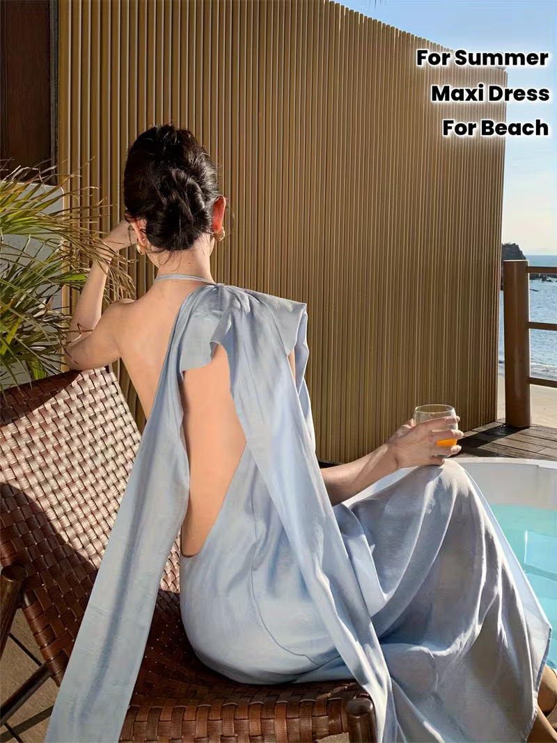Women's Light Blue Maxi Dress - Elegant Backless Off-shoulder beach party wedding guest gown, Flowy Loose Fit Formal & casual event Dresses for Spring/Summer/Fall, Beach Wedding Guest Dress, Evening Wear Craftsmanship