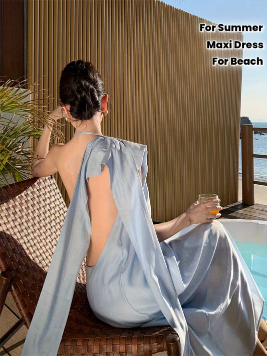 Women's Light Blue Maxi Dress - Elegant Backless Off-shoulder beach party wedding guest gown, Flowy Loose Fit Formal & casual event Dresses for Spring/Summer/Fall, Beach Wedding Guest Dress, Evening Wear Craftsmanship