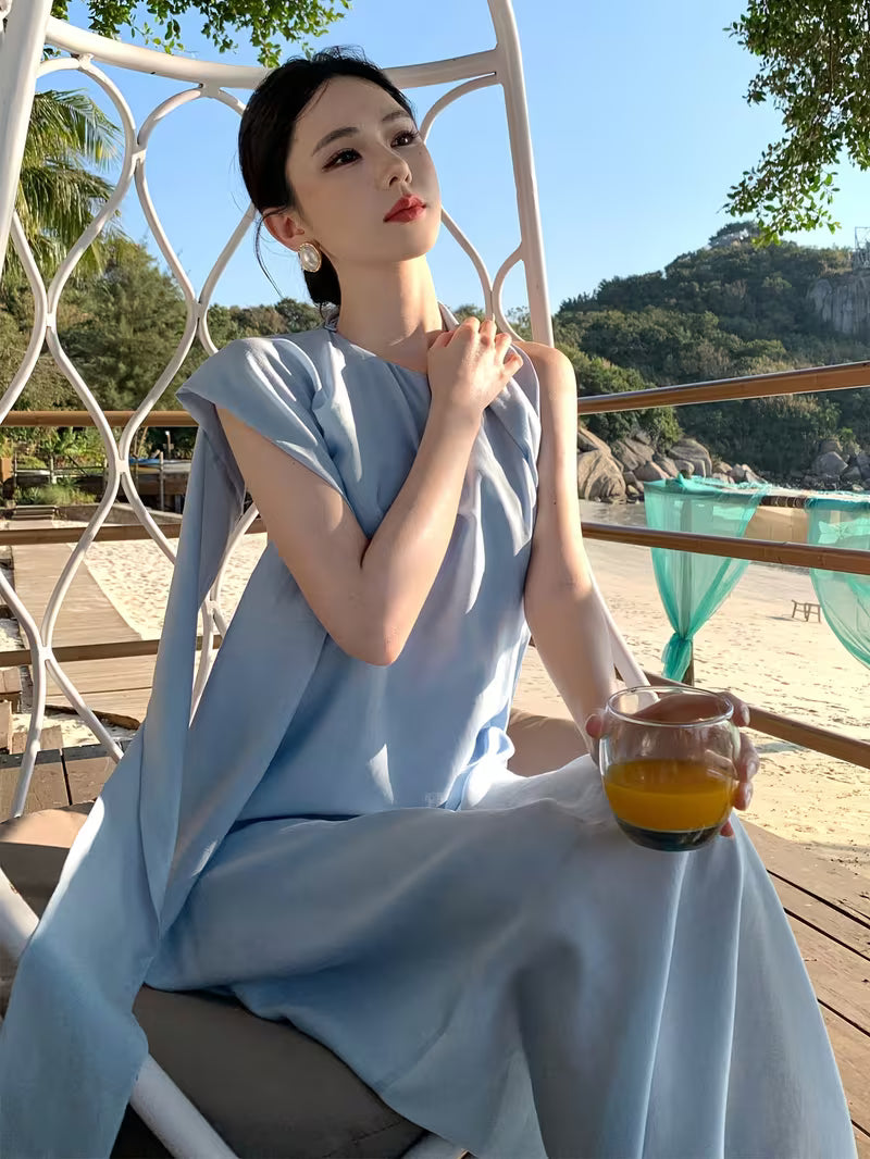 Women's Light Blue Maxi Dress - Elegant Backless Off-shoulder beach party wedding guest gown, Flowy Loose Fit Formal & casual event Dresses for Spring/Summer/Fall, Beach Wedding Guest Dress, Evening Wear Craftsmanship
