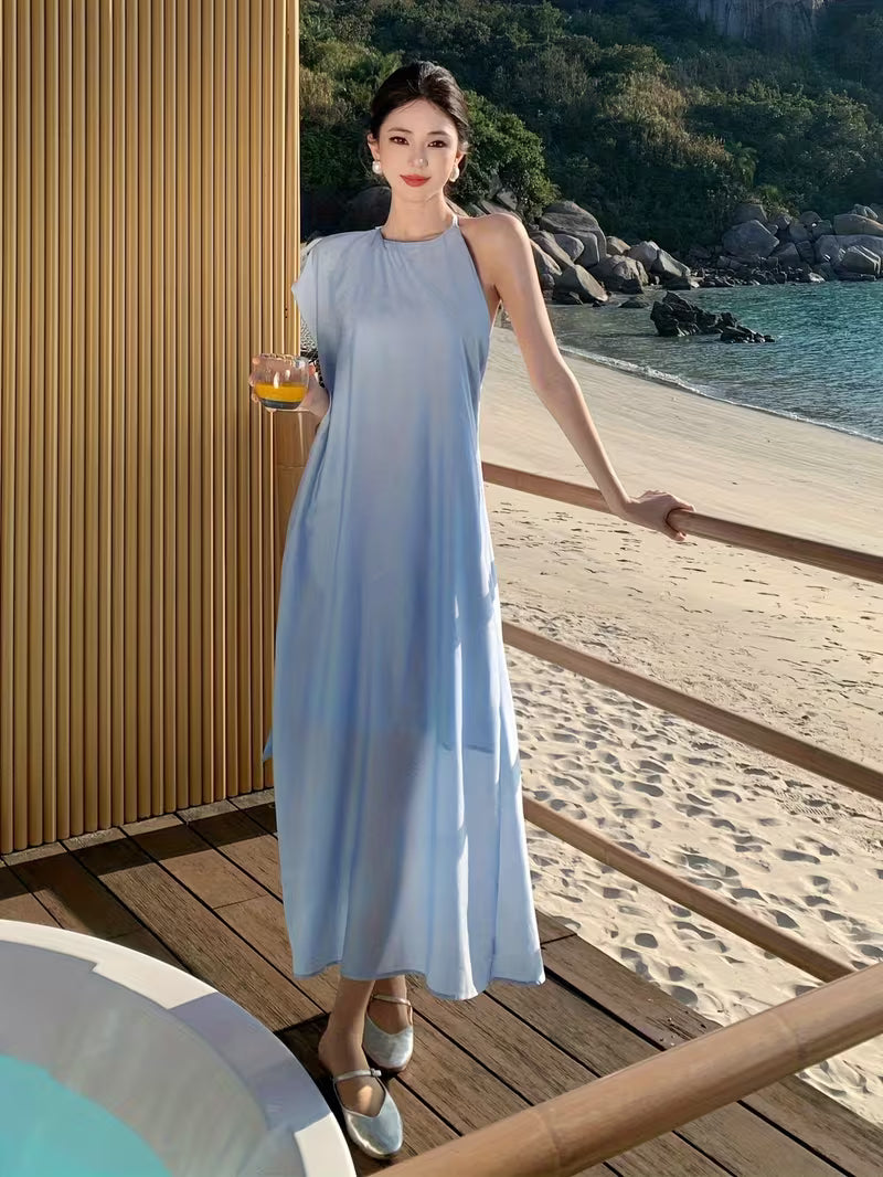 Women's Light Blue Maxi Dress - Elegant Backless Off-shoulder beach party wedding guest gown, Flowy Loose Fit Formal & casual event Dresses for Spring/Summer/Fall, Beach Wedding Guest Dress, Evening Wear Craftsmanship