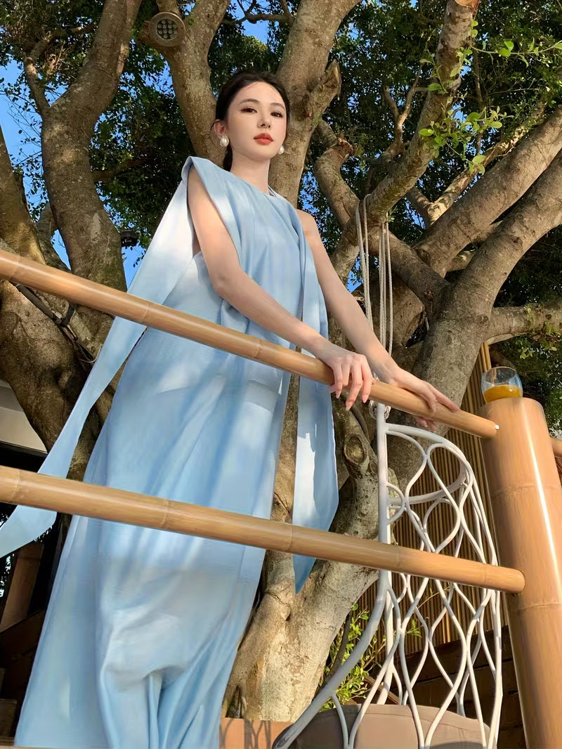 Women's Light Blue Maxi Dress - Elegant Backless Off-shoulder beach party wedding guest gown, Flowy Loose Fit Formal & casual event Dresses for Spring/Summer/Fall, Beach Wedding Guest Dress, Evening Wear Craftsmanship