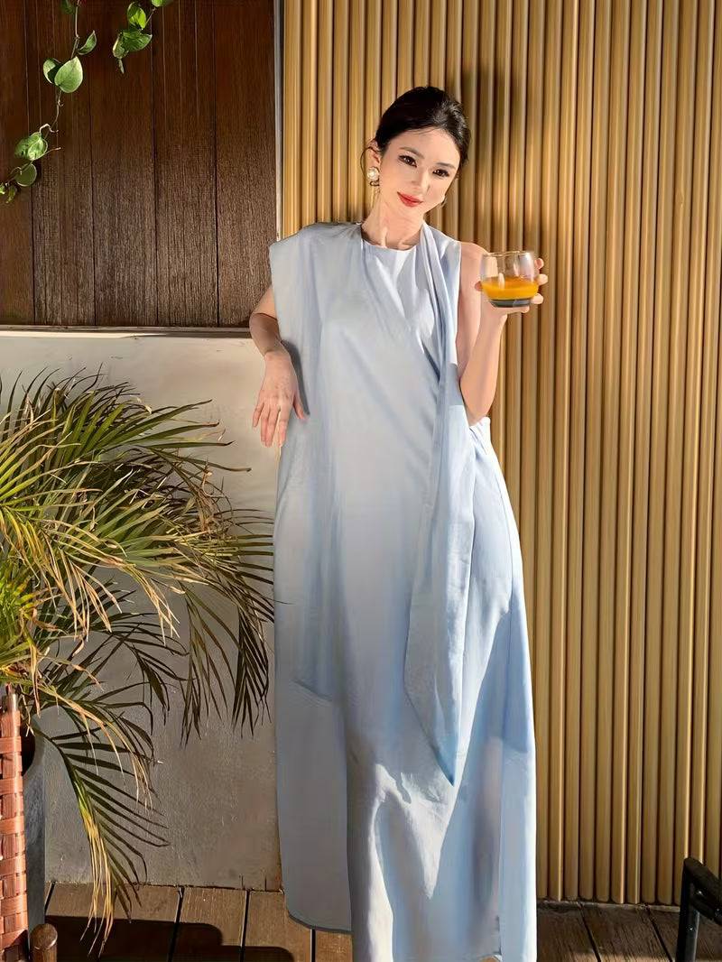Women's Light Blue Maxi Dress - Elegant Backless Off-shoulder beach party wedding guest gown, Flowy Loose Fit Formal & casual event Dresses for Spring/Summer/Fall, Beach Wedding Guest Dress, Evening Wear Craftsmanship