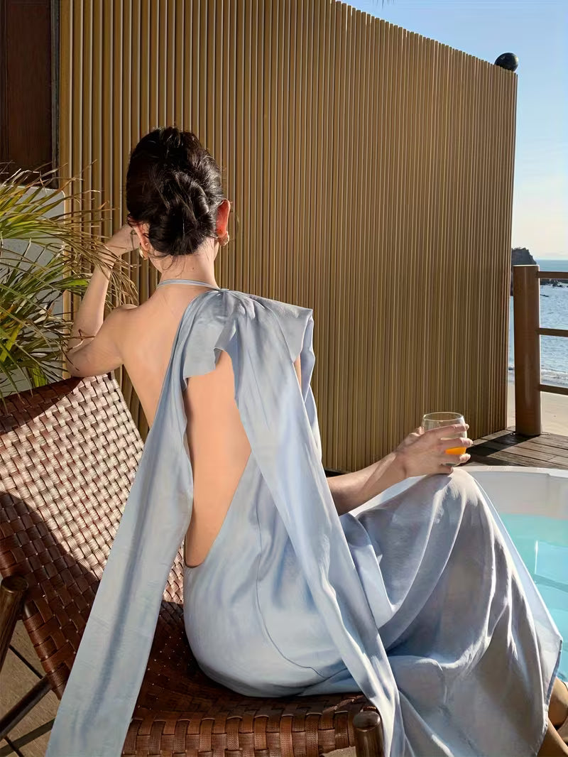 Women's Light Blue Maxi Dress - Elegant Backless Off-shoulder beach party wedding guest gown, Flowy Loose Fit Formal & casual event Dresses for Spring/Summer/Fall, Beach Wedding Guest Dress, Evening Wear Craftsmanship