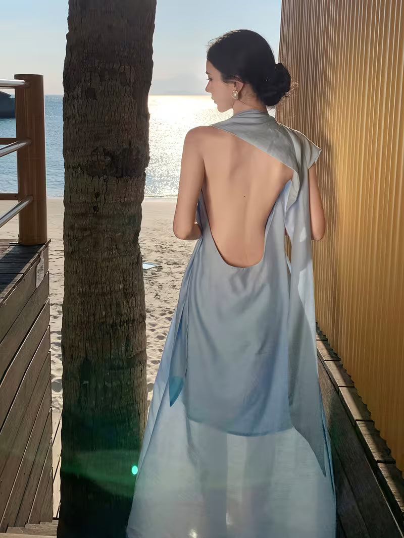 Women's Light Blue Maxi Dress - Elegant Backless Off-shoulder beach party wedding guest gown, Flowy Loose Fit Formal & casual event Dresses for Spring/Summer/Fall, Beach Wedding Guest Dress, Evening Wear Craftsmanship
