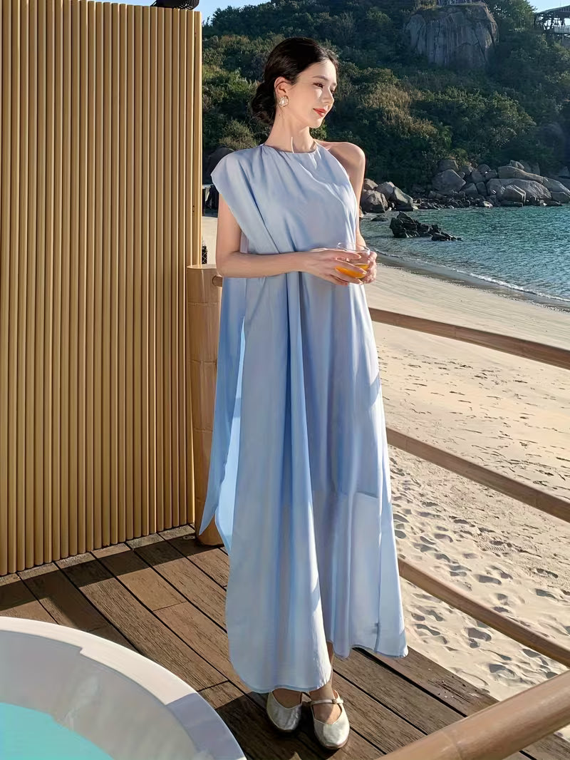Women's Light Blue Maxi Dress - Elegant Backless Off-shoulder beach party wedding guest gown, Flowy Loose Fit Formal & casual event Dresses for Spring/Summer/Fall, Beach Wedding Guest Dress, Evening Wear Craftsmanship