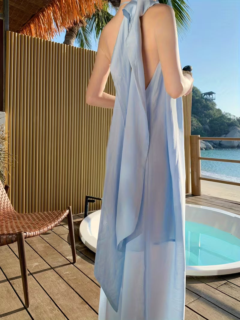Women's Light Blue Maxi Dress - Elegant Backless Off-shoulder beach party wedding guest gown, Flowy Loose Fit Formal & casual event Dresses for Spring/Summer/Fall, Beach Wedding Guest Dress, Evening Wear Craftsmanship