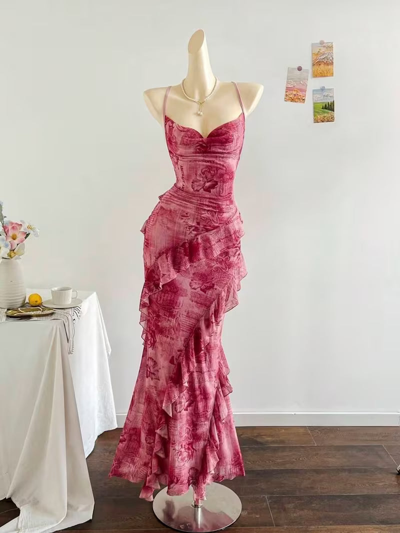 Spring/Summer Women's Thin-Strap Deep V Waist-Tied Ruffled Mermaid Dress | Elegant Temperament Design, Stylish Eye-Catching Style, Suitable for Casual Gatherings, Light Social Occasions and More