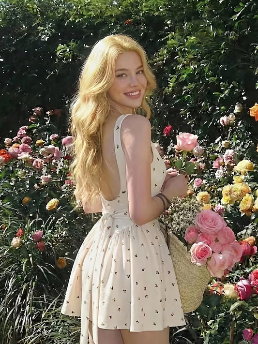 Women'S Summer Mini Dress, Ruched Waist Design with Bow Detail Back Tie, Elegant Gown, Festive Attire, Formal Dress, Floral Dress, Graduation Gown, Birthday Dress, Backless Dress, Date Night Dress, Summer Dress