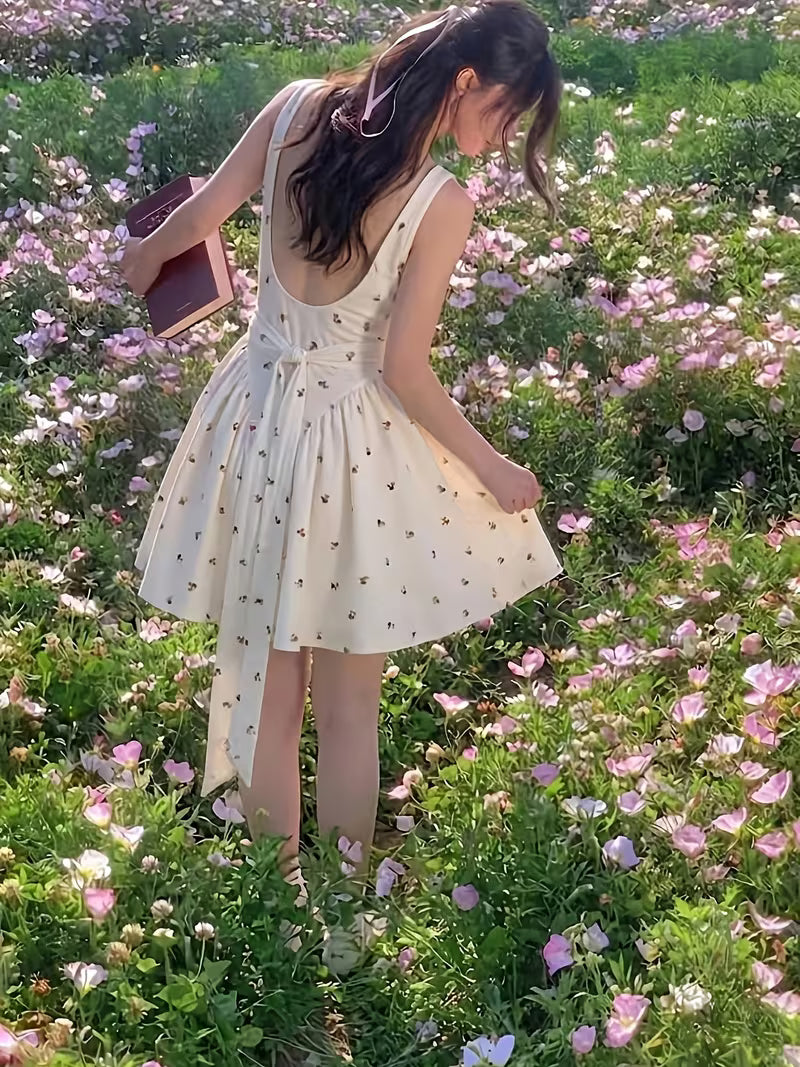 Women'S Summer Mini Dress, Ruched Waist Design with Bow Detail Back Tie, Elegant Gown, Festive Attire, Formal Dress, Floral Dress, Graduation Gown, Birthday Dress, Backless Dress, Date Night Dress, Summer Dress