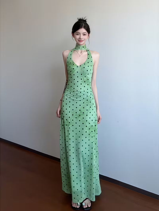 French Polka Dot Ribbon Halter Neck Dress Women'S Summer Elegant Green Dress Waist-Defined Hip-Hugging Skirt Vacation Maxi Dress