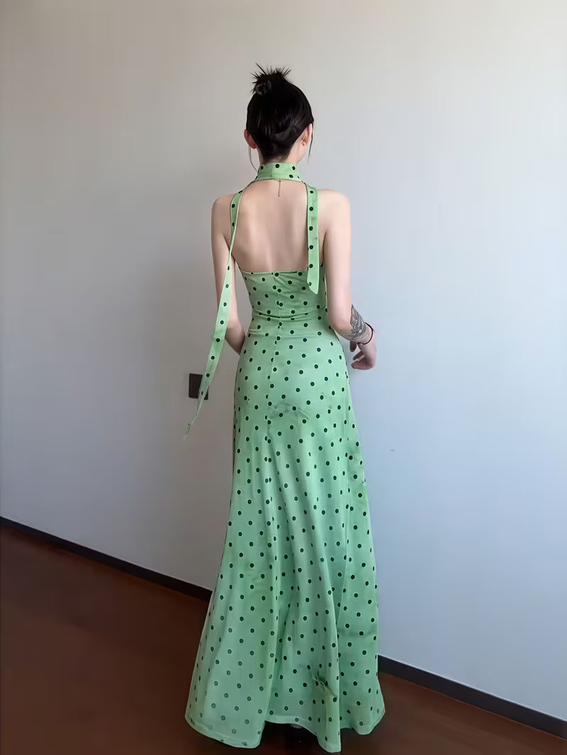 French Polka Dot Ribbon Halter Neck Dress Women'S Summer Elegant Green Dress Waist-Defined Hip-Hugging Skirt Vacation Maxi Dress