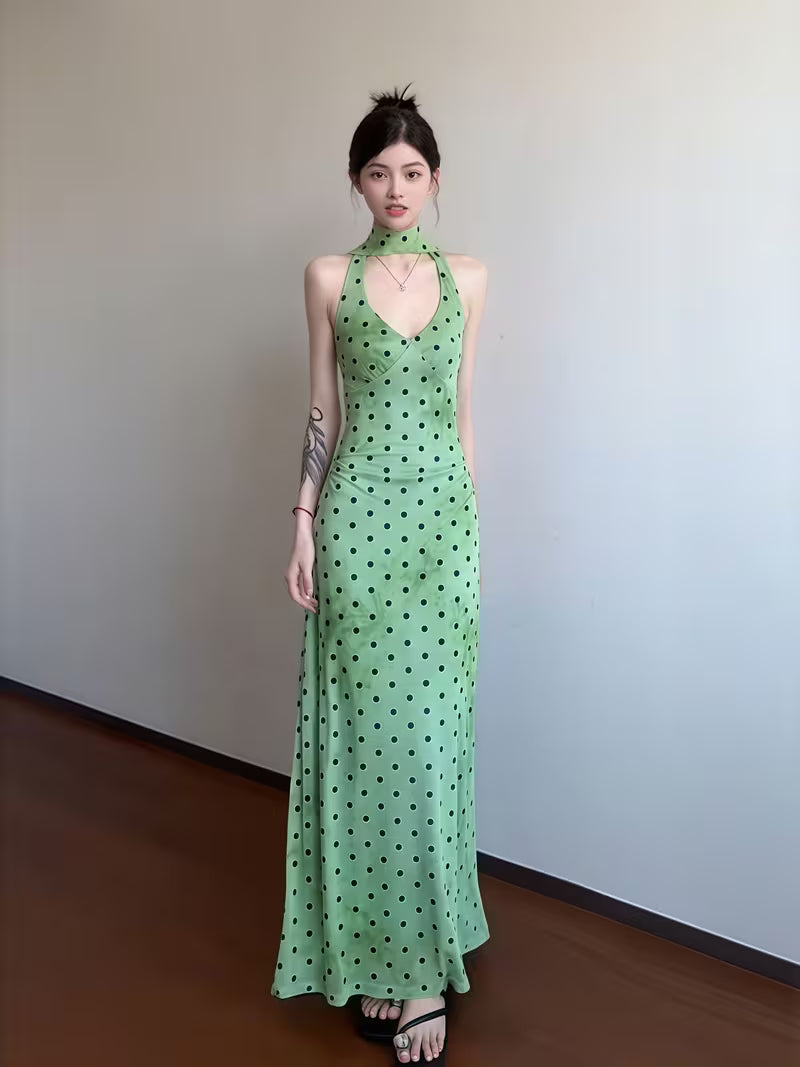 French Polka Dot Ribbon Halter Neck Dress Women'S Summer Elegant Green Dress Waist-Defined Hip-Hugging Skirt Vacation Maxi Dress