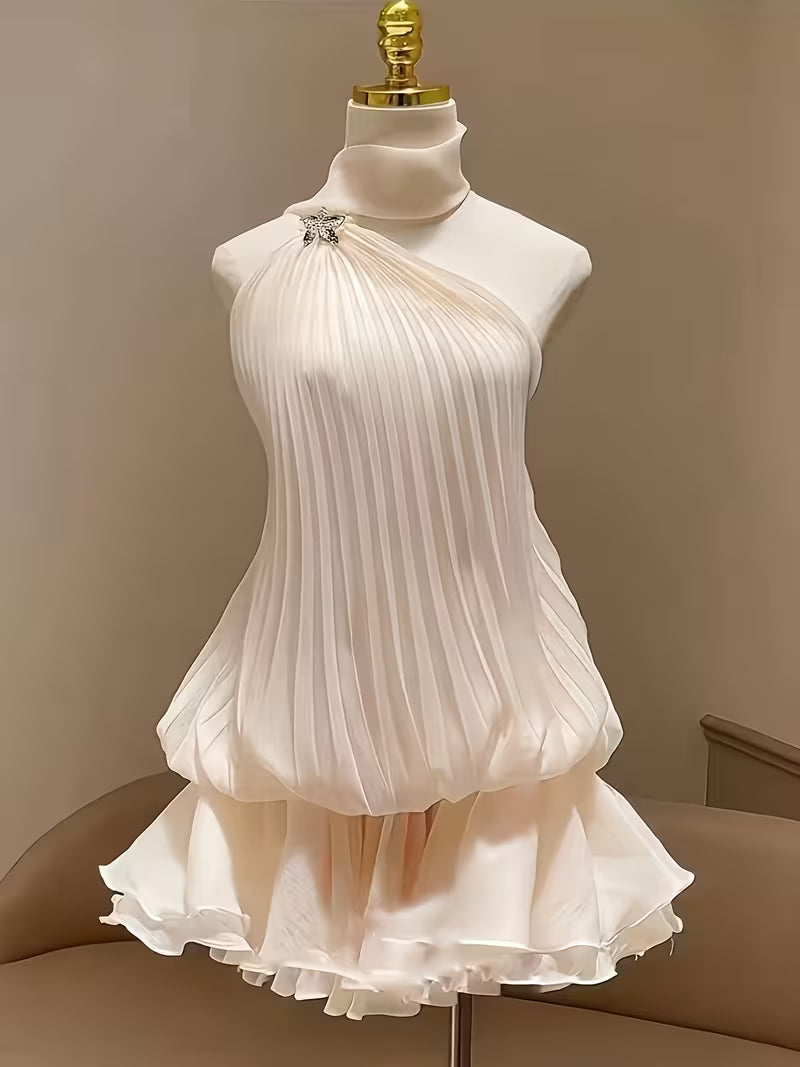 New Solid Color Pleated Halter Neck Ribbon Waist-Cinching Ruffle A-Line Hem Short Dress, Sweet and Spicy Street Style, Exquisite and Elegant, Holiday Date Outfit ZLLZ