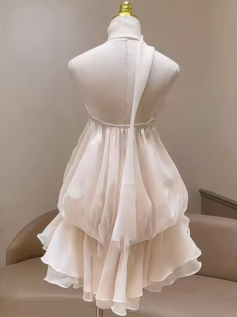 New Solid Color Pleated Halter Neck Ribbon Waist-Cinching Ruffle A-Line Hem Short Dress, Sweet and Spicy Street Style, Exquisite and Elegant, Holiday Date Outfit ZLLZ