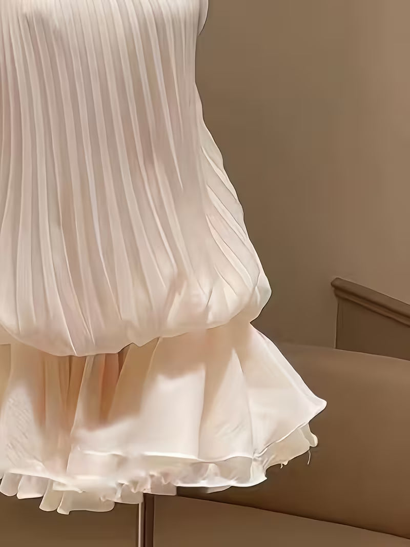 New Solid Color Pleated Halter Neck Ribbon Waist-Cinching Ruffle A-Line Hem Short Dress, Sweet and Spicy Street Style, Exquisite and Elegant, Holiday Date Outfit ZLLZ
