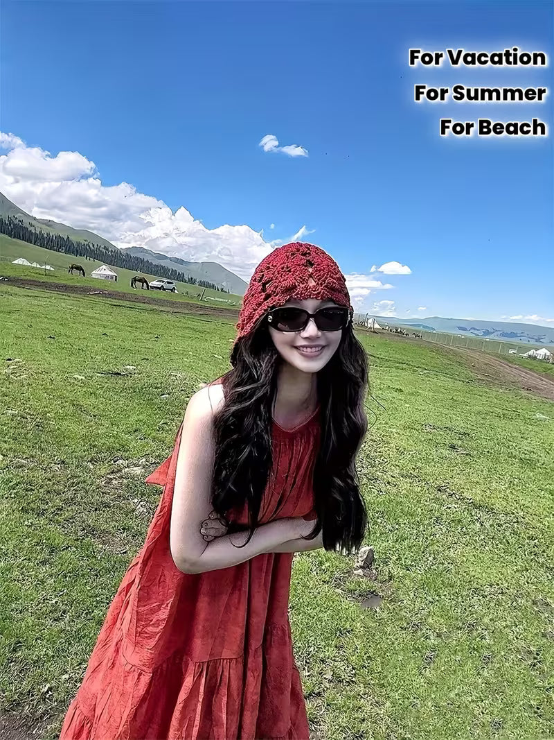 DLSQ Boho Halter Dress - Chinese Chechaobai-Inspired Traditional Style Short/ Midi Length A-Line Dress, Sleeveless Round Neck Red Vacation Dress for Beach, Desert Travel & Cultural Outfits (Machine Washable, Spring/Summer/Fall)